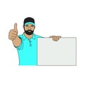 Vector illustration of muscular man in cap shows thumb and holding poster Royalty Free Stock Photo